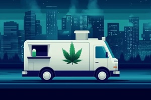 food truck selling cannabis products driving at night in the city