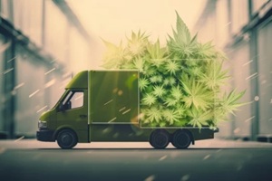 green truck with a bed full of cannabis plants is parked in a warehouse