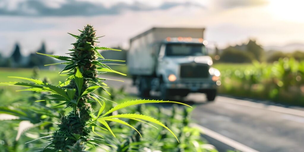 thriving marijuana plants on country road amid truck transportation