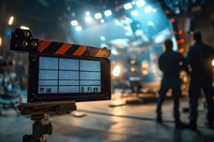 director filming advertisement with astronaut floating in space against digital earth background