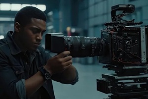 man adjusting a professional camera with a large lens in a studio setting with a dark jacket