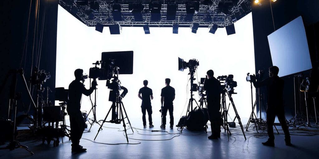 professional film studio production set with a full crew working behind the scenes