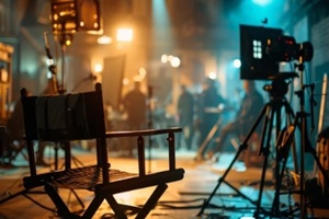 busy movie set atmosphere with vibrant lighting and crew in action