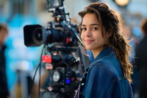 female director standing near a camera
