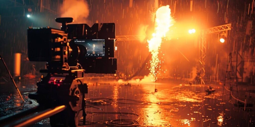 realistic on the set of a film production with fire and rain