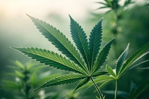 closeup of a vibrant green cannabis leaf in a field of hemp plants