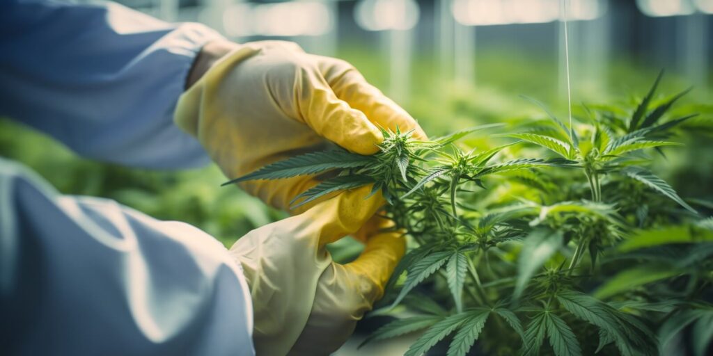 hands of a worker in gloves in a greenhouse with medicinal marijuana cannabis bushes