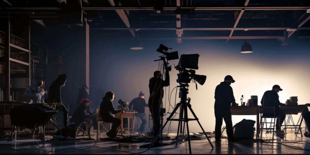 film set crew team lightman and cameraman working together with director in big studio