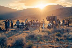 Group of people filming new production overseas in the desert