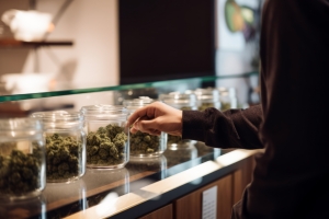 Cannabis Buds in Glass Jar Displayed on Shelf in Dispensary