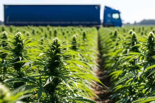 Field of cannabis plants about to be loaded onto a transport truck