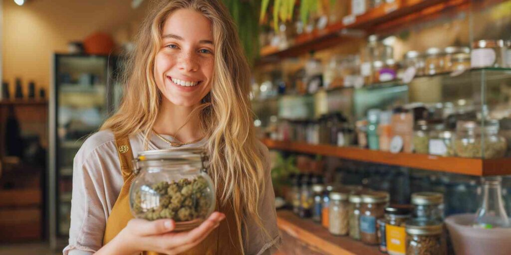 Young Cannabis Business Owner Holding Buds in Jar at Her Shop