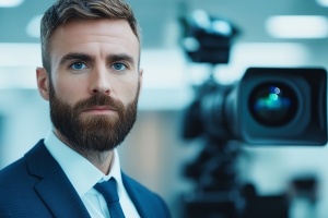 Insurance Agent Besides Camera in A Film Studio