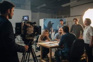 Cameraman Shooting A Meeting Scene for A Movie