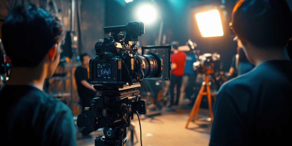Film Production Team Working on Set with Their Equipment