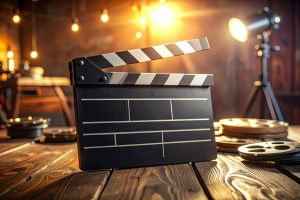 Vintage Clapperboard and Film Reels on A Wooden Table for Film Production