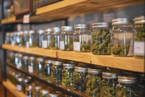 Cannabis Jars on Wooden Shelves in A Dispensary