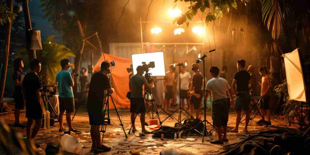 Indie Filmmaker Crew Shooting A Film Scene at Night