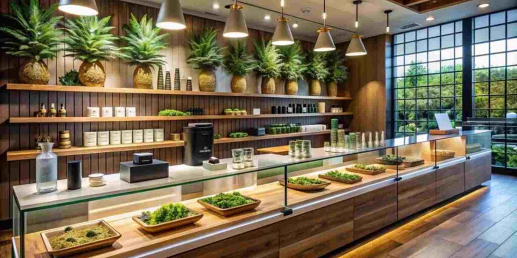 Cannabis Store Checkout Counter Displaying Premium Products