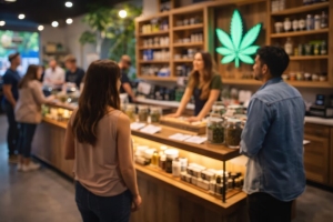 Customers and Staff in a Modern Cannabis Dispensary