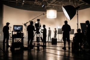 Professional Video Production Studio with Camera Crew Lighting Equipment and Actors