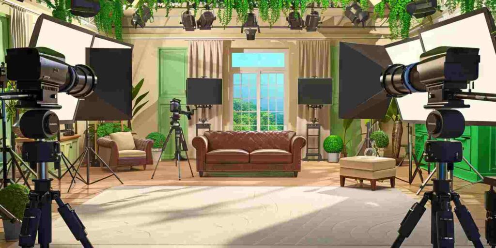 Fully Furnished Reality Show House Set with Multiple Rooms and Cameras