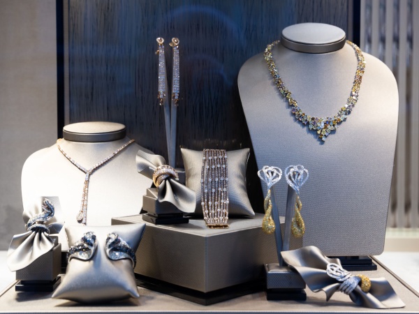 Expensive jewelry on on display in a showcase.