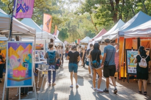 People Are Viewing Paintings in an Art Festival