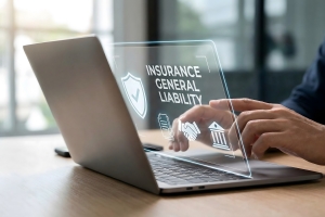 Person Interacting with General Liability Insurance Hologram on Laptop Screen