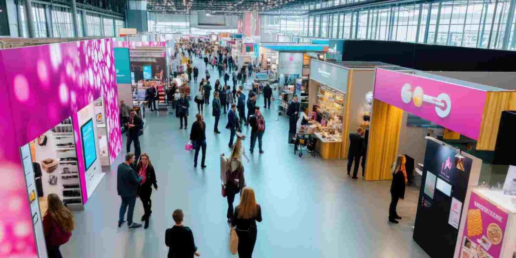 Business People Walking in a Trade Show with Vibrant Booths