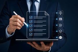 Businessman Interacting with Common Insurance Requirements Checklist Interface