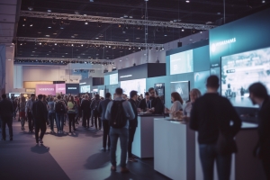 Busy Trade Show with Booths and Business People