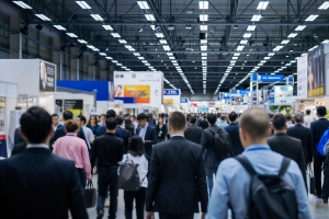 Crowd of Attendees Walking Through Large Exhibition Hall with Booths