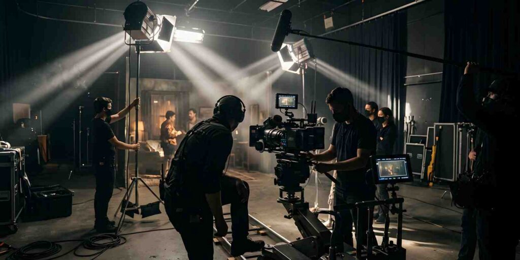 Film Production Crew Operating Professional Camera Equipment on Set with Dramatic Lighting